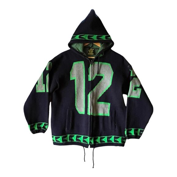 Seattle Seahawks 12 Wool Full Zip Hoodie Sweater TEJIDOS RUMINAHUI Medium Boho - Picture 1 of 15